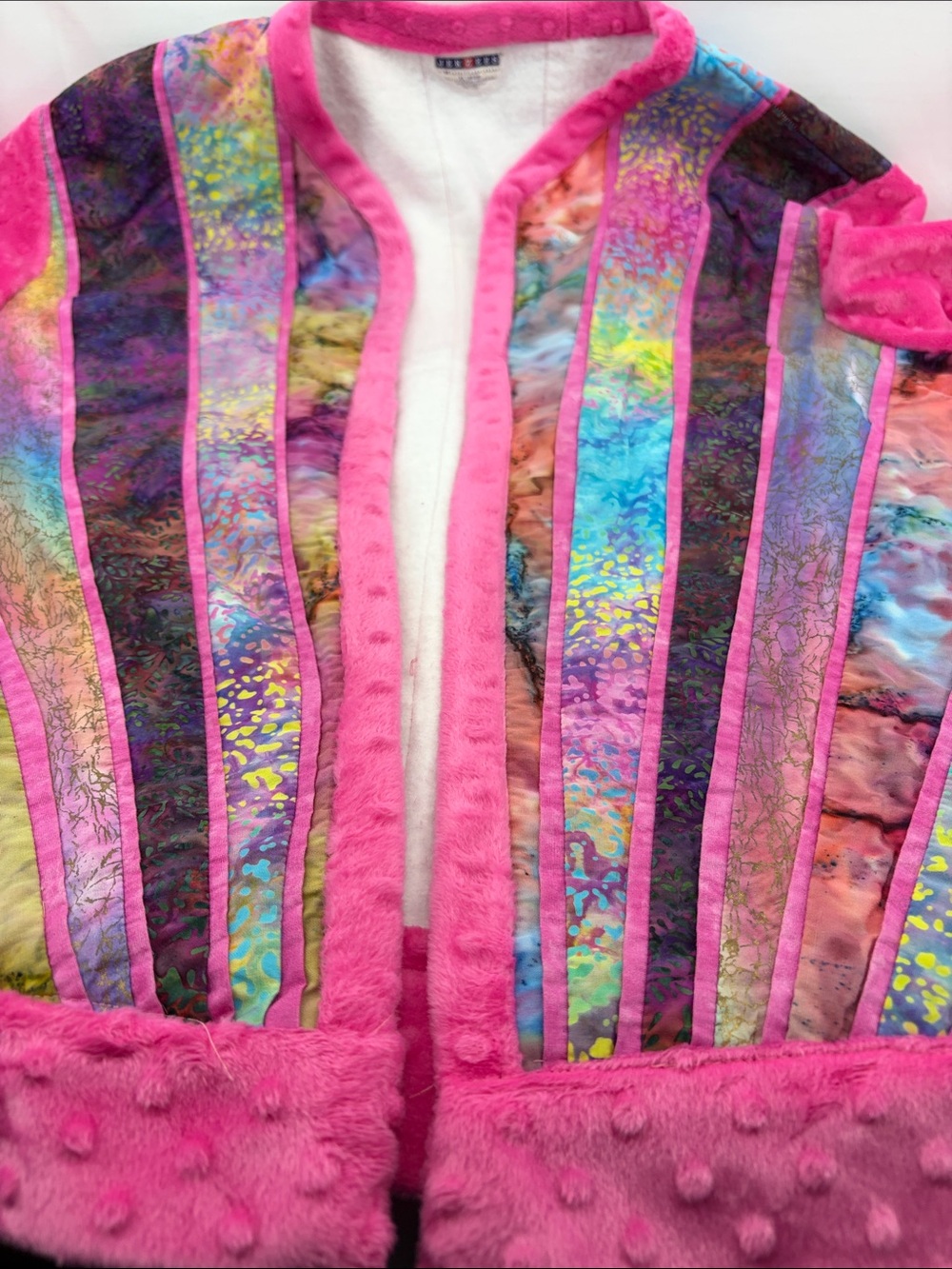 One-of-a-Kind Womens Vibrant Pink Patchwork Quilted Open Front Jacket, est sz XL - Picture 11 of 15